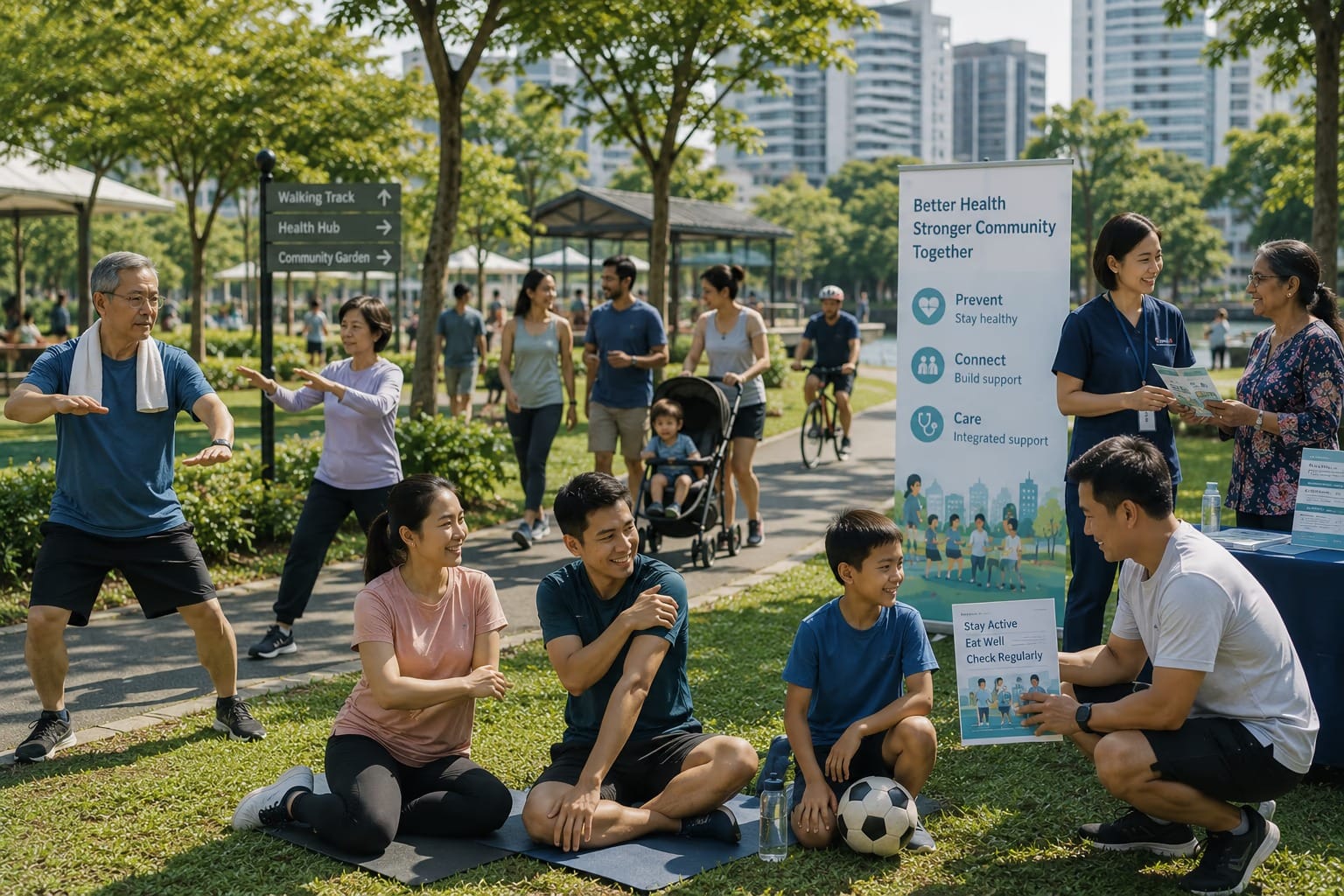 people in a park and healthcare workers engaging them
